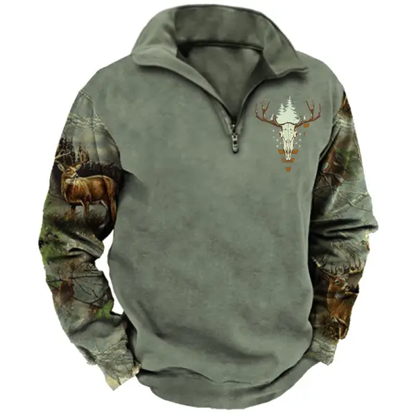 Men's Vintage Jungle Elk Print Lapel Casual Sweatshirt - Honeylop.chimpone.com 