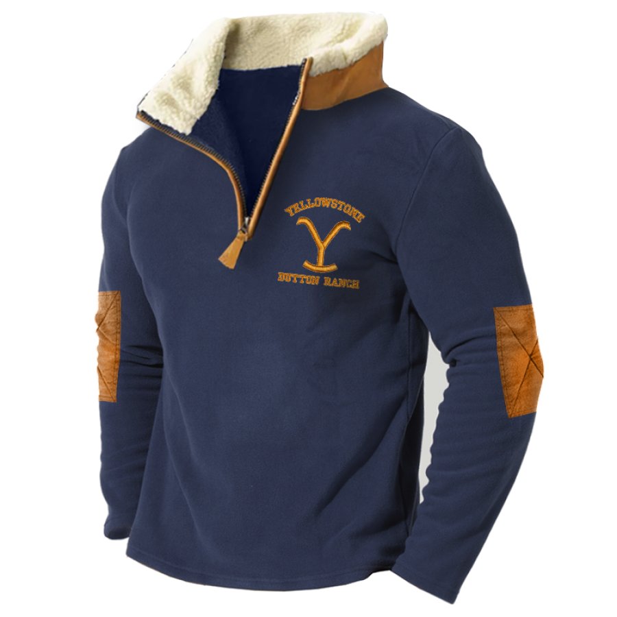 

Herren-Sweatshirt Mit 1/4-Reißverschlusskragen Und Yellowstone-Stickerei Aus Fleece Mit Ellbogenflicken