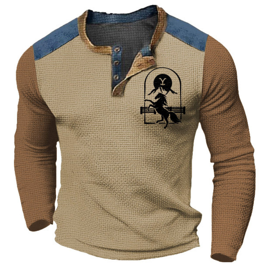 

Henley-T-Shirt Für Herren Mit Vintage-Yellowstone-Pferdemuster Und Farbblock-Langarmoberteilen