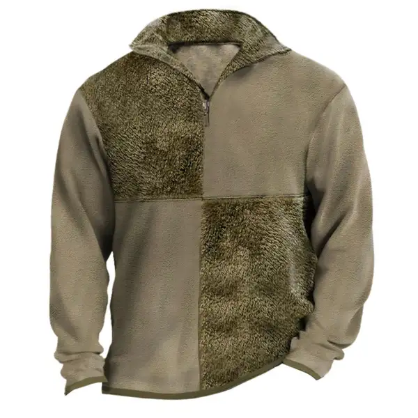 Men's Sweatshirt Vintage Fleece Patchwork Quarter Zip Stand Collar Warm Daily Tops - Kalesafe.com 