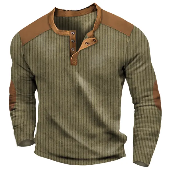 Men's Henley T-Shirt Vintage Corduroy Elbow Patch Outdoor Long Sleeve Tops - Kalesafe.com 