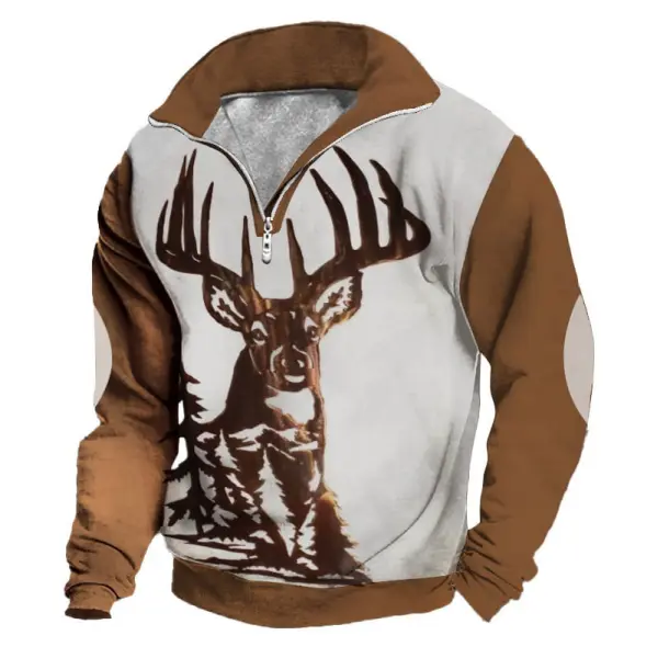 Men's Sweatshirt Quarter Zip Elk Long Sleeve Contrast Color Daily Tops - Honeylop.chimpone.com 