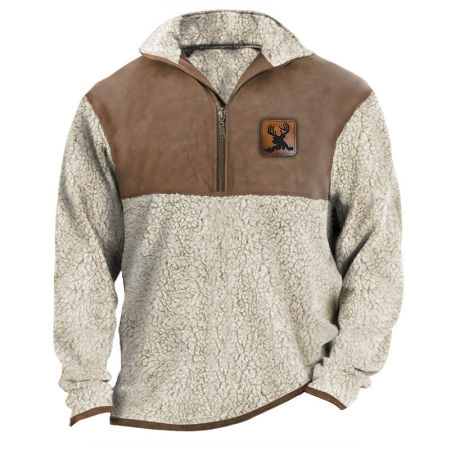 

Sudadera Para Hombre Vintage Elk Fleece Patchwork Cuero Media Cremallera Cuello Alto Cálido Diario Tops