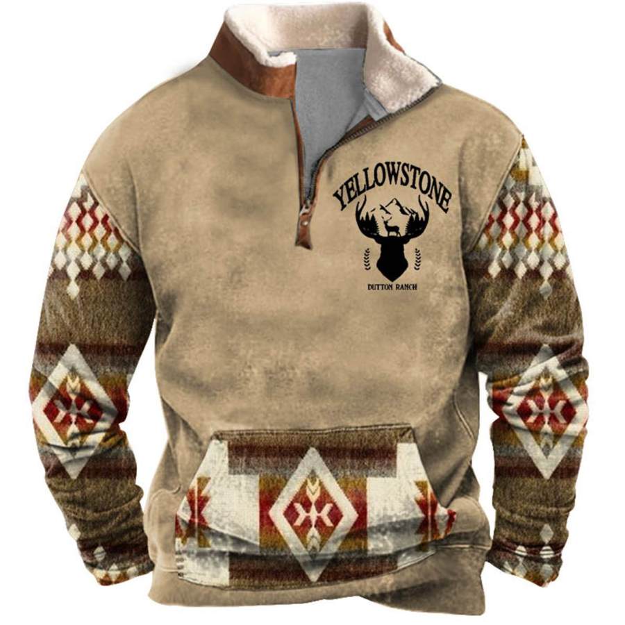 

Men's Sweatshirt Yellowstone Button Ranch Aztec Deer Quarter Zip Plush Collar Vintage Daily Tops