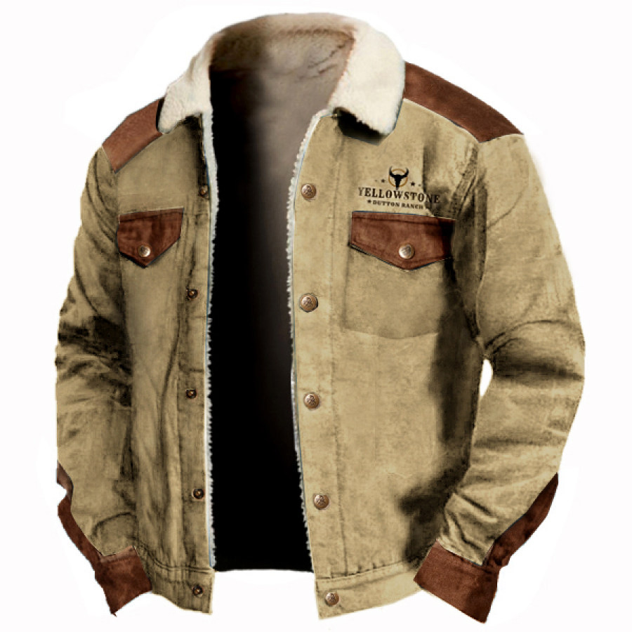 

Мужская винтажная Йеллоустонская рубашка-карго куртка с замшевыми нашивками уличное повседневное толстое пальто с флисовой подкладкой