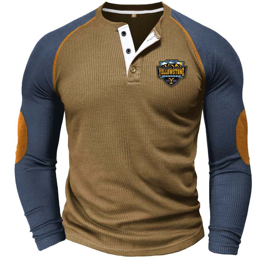 

Camiseta De Manga Larga Informal Para Exteriores Con Bloque De Color Yellowstone Retro Henley Para Hombre
