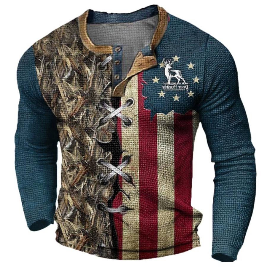 

Мужская винтажная повседневная футболка с длинным рукавом и принтом лося с американским флагом цветными блоками Хенли