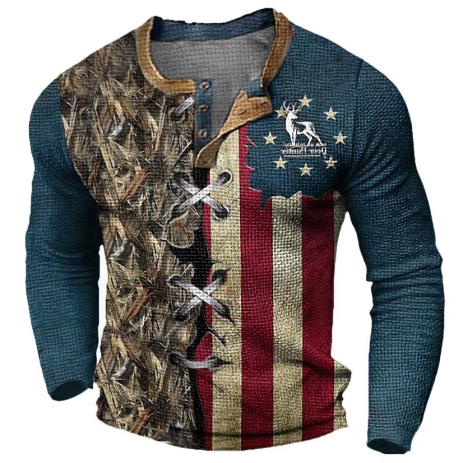 

Camiseta Casual De Manga Larga Henley Con Bloques De Color Y Estampado De Alces Con Bandera Americana Vintage Para Hombre