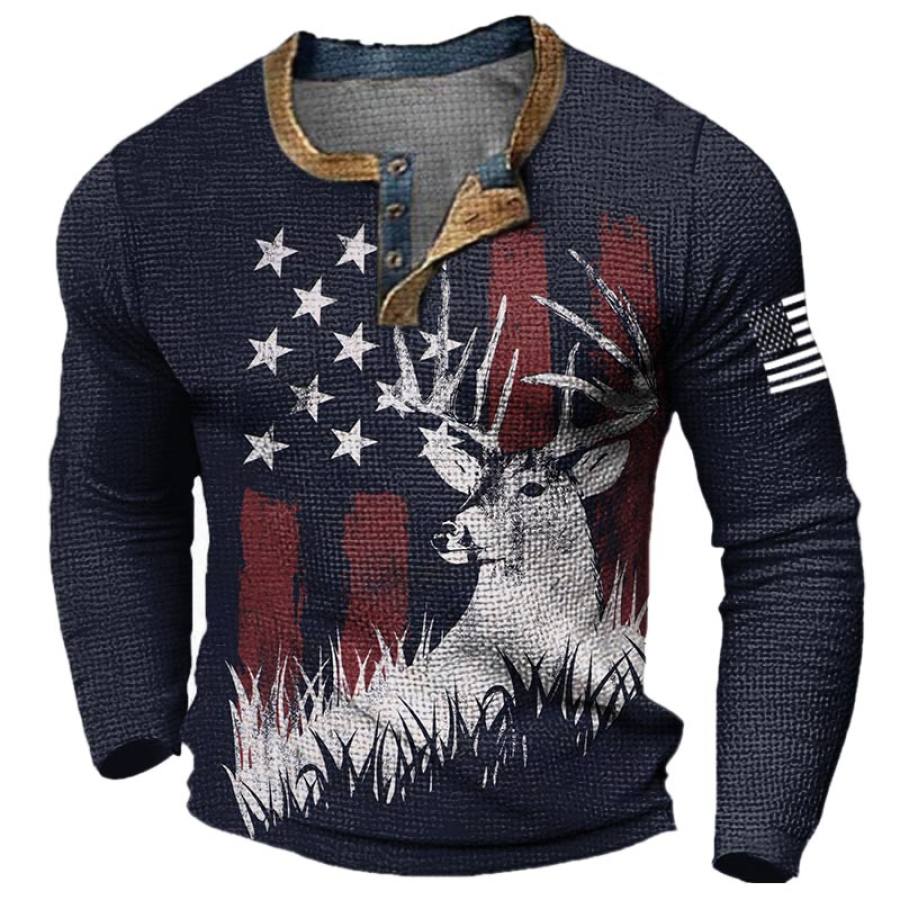 

Camiseta Casual De Manga Larga Henley Con Bloques De Color Y Estampado De Alces Con Bandera Americana Vintage Para Hombre