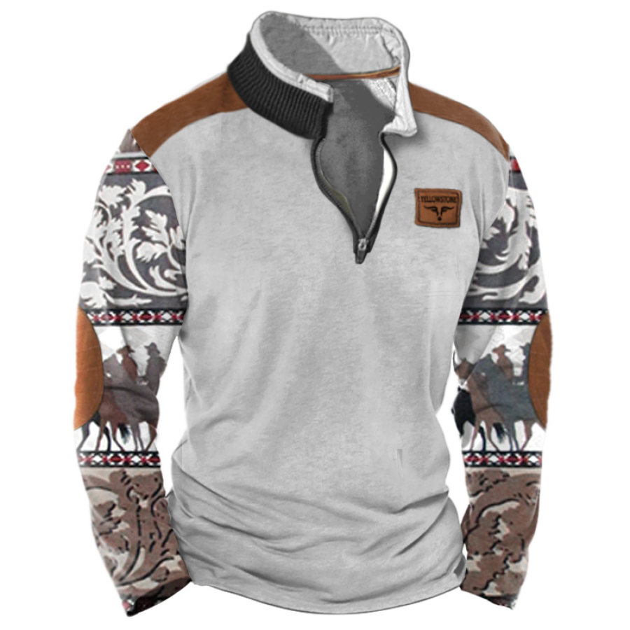

Herren-T-Shirt Im Retro-Stil Gelber Steindruck Farbblock Lässig Halboffener Kragen Langärmlig