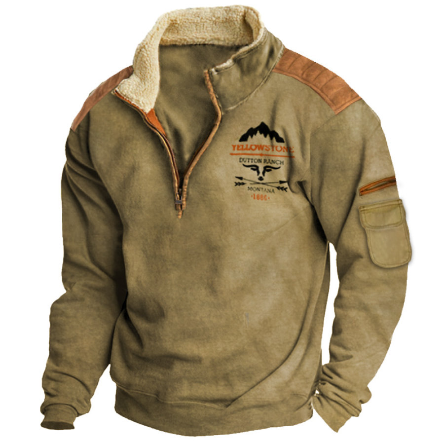 

Lässiges Sweatshirt Mit Retro-Outdoor-Yellowstone-Aufdruck Aus Fleece Und Revers Für Herren