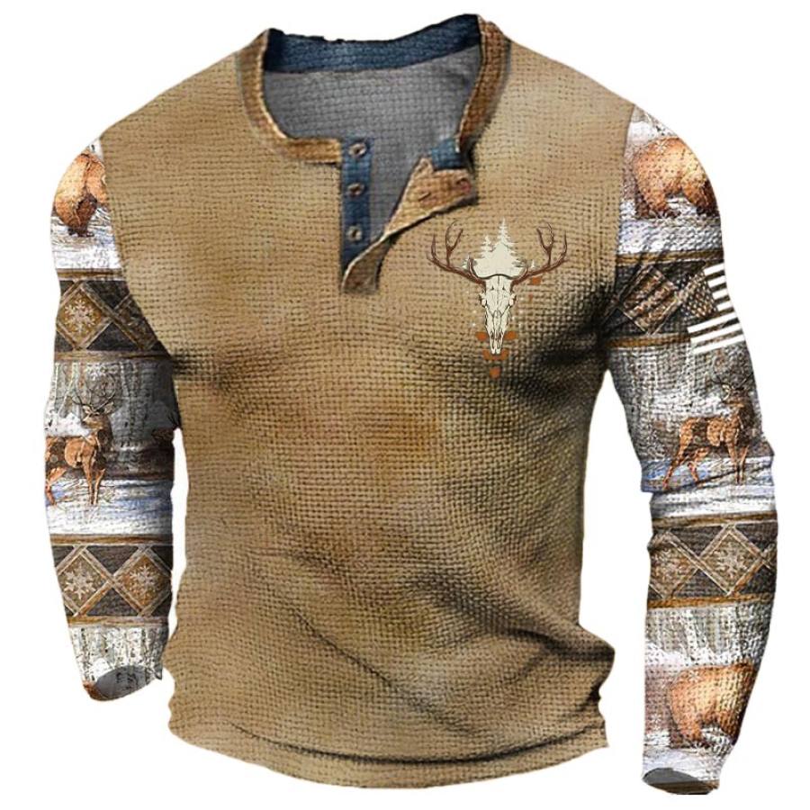 

Camiseta Casual De Manga Larga Henley Con Bloques De Color Y Estampado De Alces De La Jungla Vintage Para Hombre