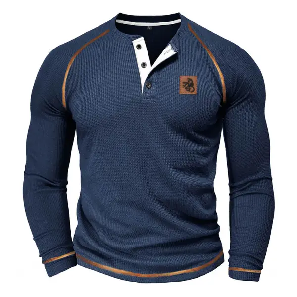 Men's Henley T-Shirt Vintage Waffle Deer Contrast Color Outdoor Long Sleeve Tops - Cotosen.com