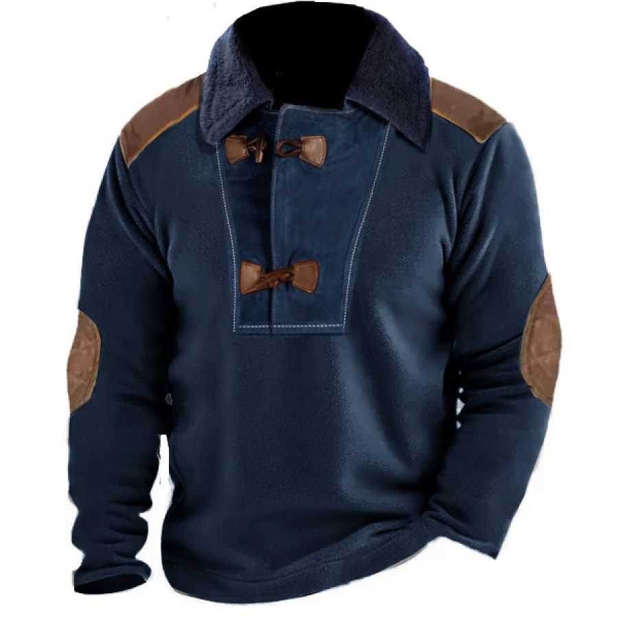 

Sudadera De Lana Tipo Polo Con Solapa Azul Marino Para Hombre Top Táctico Grueso Con Cuello Levantado De Cuero En Contraste Para Exteriores