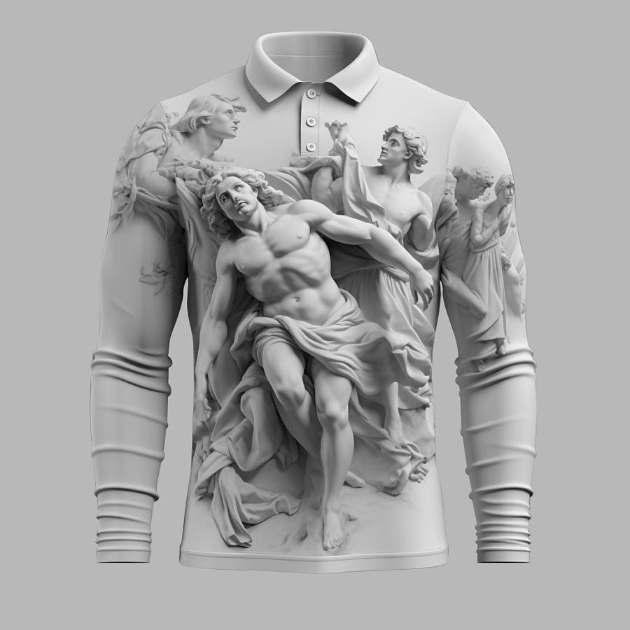 

Herren-Langarm-Poloshirt Mit Geprägtem Vintage-Jesus-Skulptur-Print