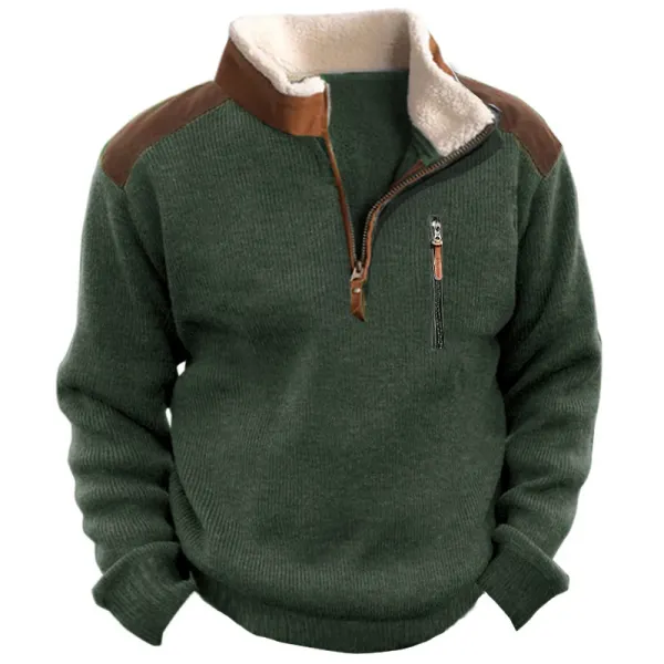 Men's Knitted Sweatshirt Retro Outdoor 1/4 Collar 1/4 Zip Tactical Knit Pullover Sweatshirt - Cotosen.com