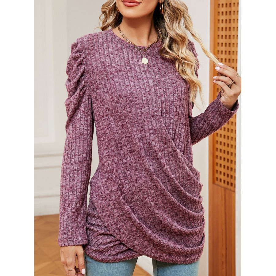 

Women's Solid Color Round Neck Twist Long Sleeve Loose T-Shirt Top