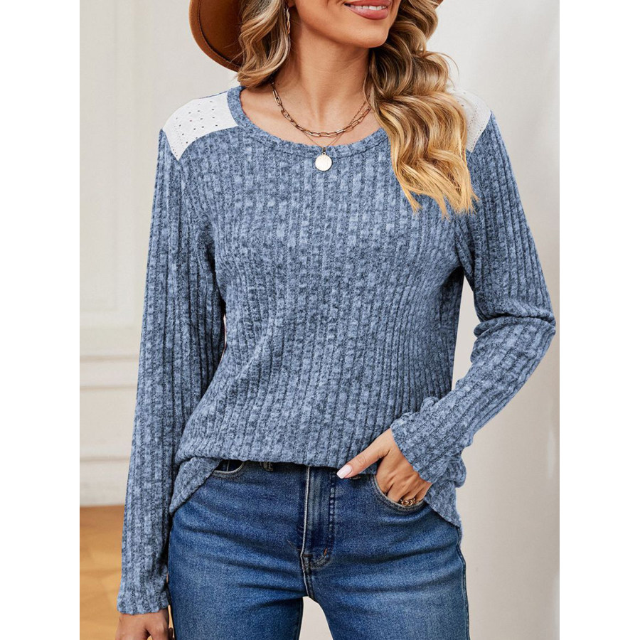 

Women's Ribbed Brushed Contrast Color Stitching Long-sleeved Round Neck T-shirt Top