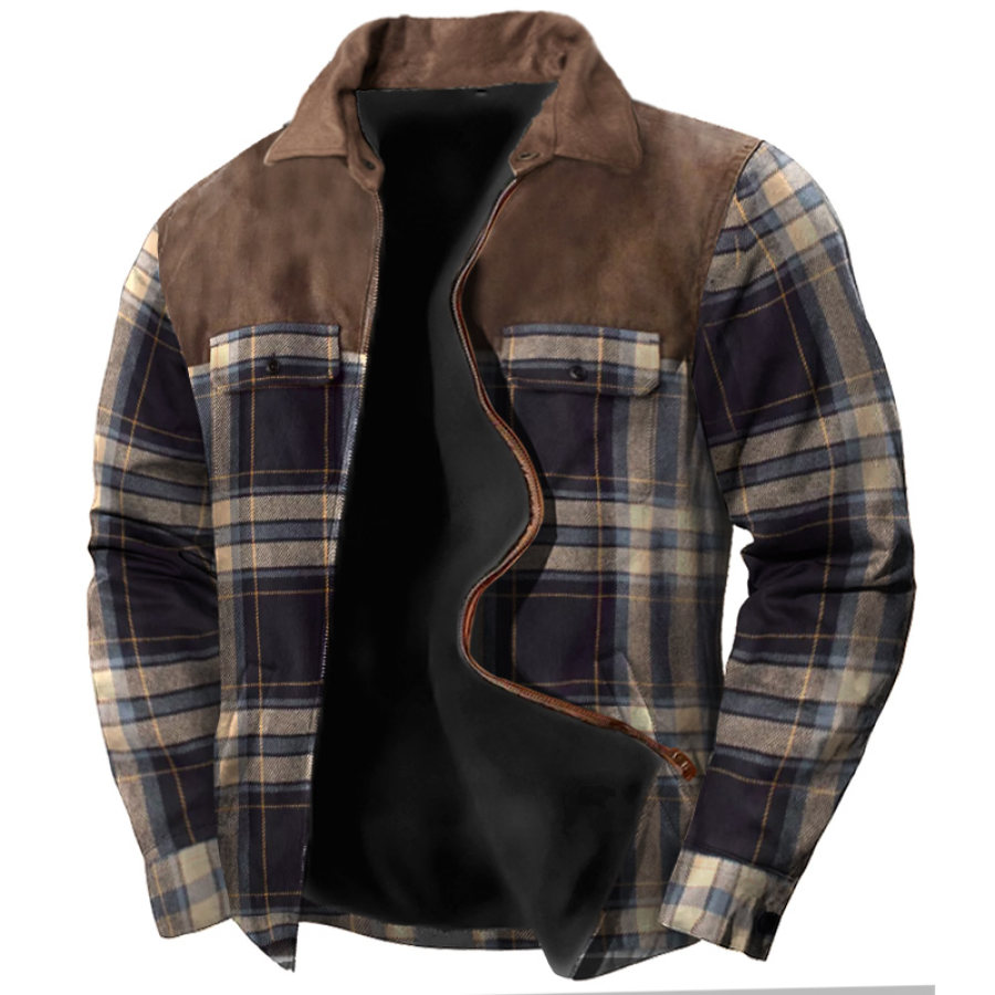 

Chaqueta De Trabajo Al Aire Libre De Manga Larga Con Cremallera De Solapa De Bloque De Color Informal Con Bolsillo Para Camisa A Cuadros Retro Para Hombre