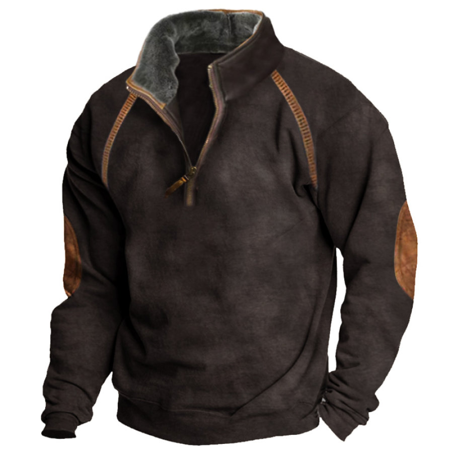 

Men's Outdoor Casual Zip Half Open Collar Sweatshirt Fleece Stand Collar Long Sleeve Retro Contrast Color Tactical Pullo