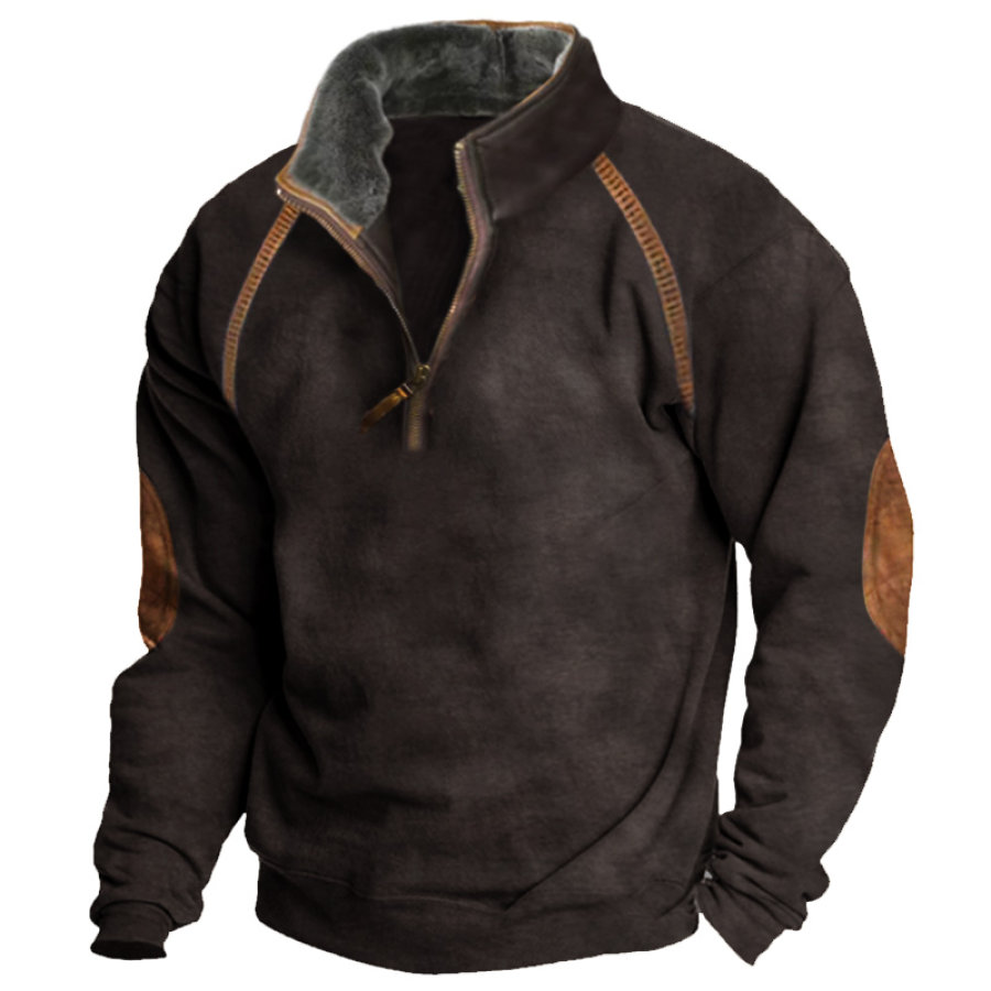 

Sweat-shirt à Manches Longues Pour Hommes Décontracté Fermeture éclair Col Demi-ouvert Polaire Col Montant Rétro Couleur Contrastée Pull Tactique