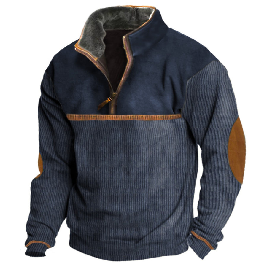 

Sudadera Con Parche De Codo Vintage Para Hombre Retales De Pana Con Cremallera De 1/4 Top Táctico Informal Con Cuello Levantado De Lana Para Exteriores