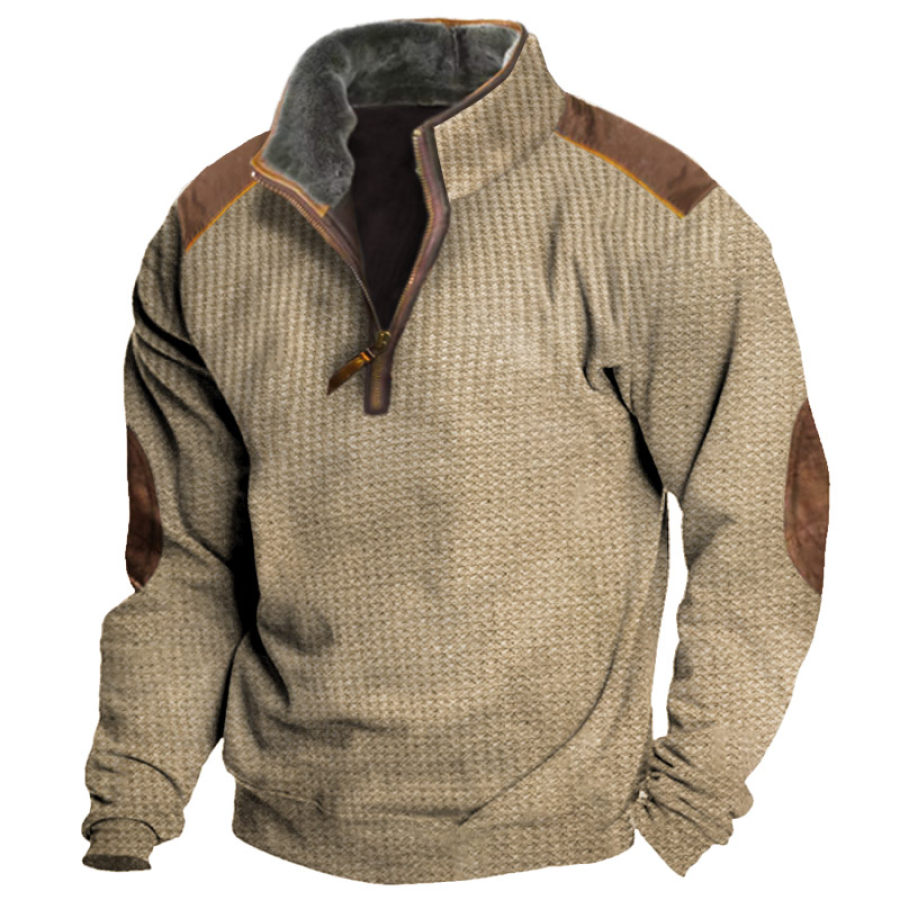 

Sweat-shirt Rétro Pour Hommes Patch Au Coude Gaufré Fermeture éclair 1/4 Décontracté Extérieur Polaire Col Montant Haut Tactique