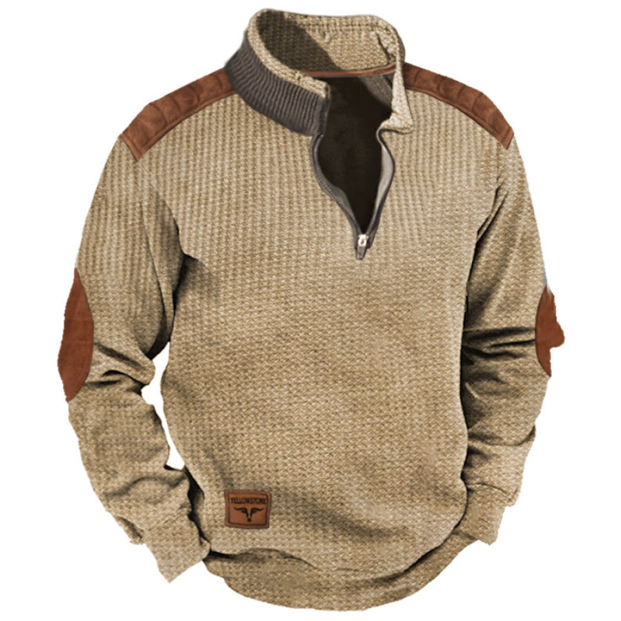 

Lässiges Halboffenes Kragen-Sweatshirt Für Herren Im Vintage-Stil Mit Yellowstone-Waffel-Farbblockmuster
