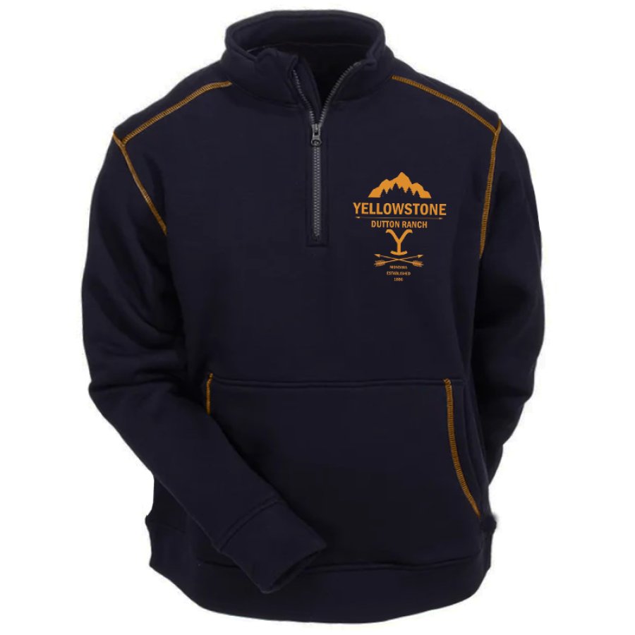 

Sudadera Vintage Con Bloques De Color Y Estampado De Piedras Amarillas Con Cuello Con Cremallera 1/4 Para Hombre