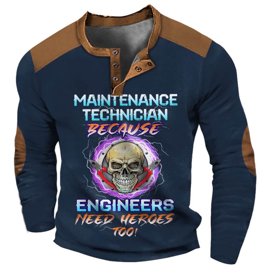 

Men's Henley T-Shirt Vintage Maintenance Technician Because Engineers Need Heroes Too Print Color Block Long Sleeve Tops