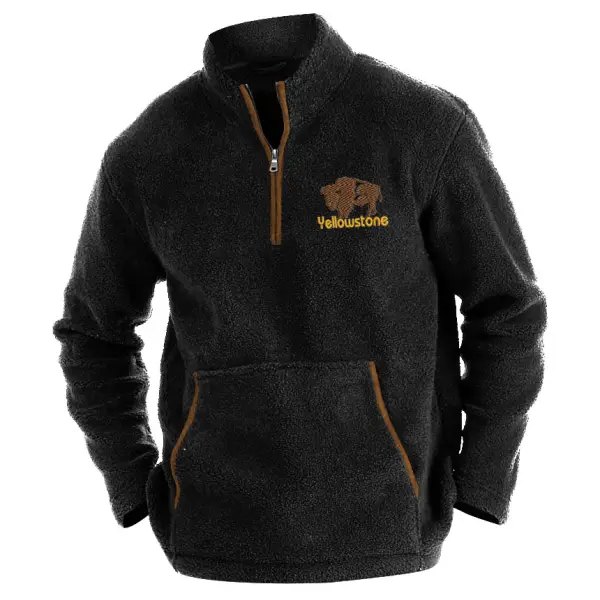 Men's Sweatshirt Vintage Fleece Yellowstone Embroidery Quarter Zip Stand Collar Pocket Warm Color Block Daily Tops - Cotosen.com