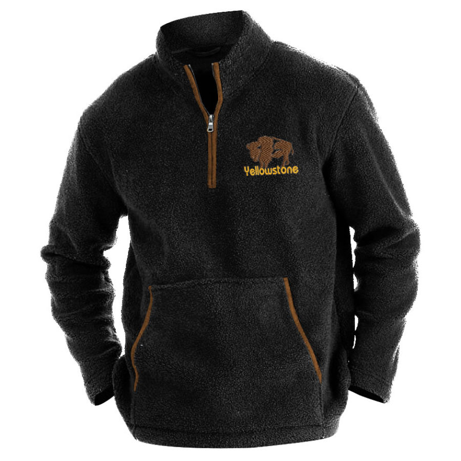 

Herren-Sweatshirt Vintage-Fleece Yellowstone-Stickerei Viertelreißverschluss Stehkragen Tasche Warm Farbblock Alltagsoberteile