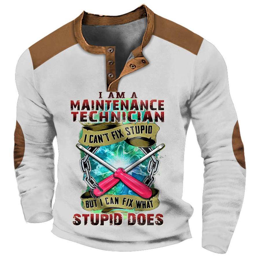 

Men's Henley T-Shirt Vintage I Am A Maintenance Technician Print Color Block Long Sleeve Tops