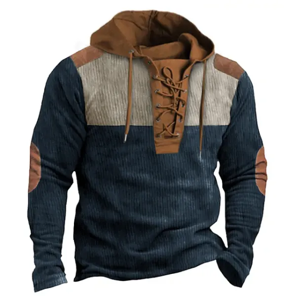 Men's Corduroy Sweatshirt Drawstring Hooded Blue Color Block Elbow Patches Sports Outdoor Daily Holiday Casual Pullover - Blaroken.com 