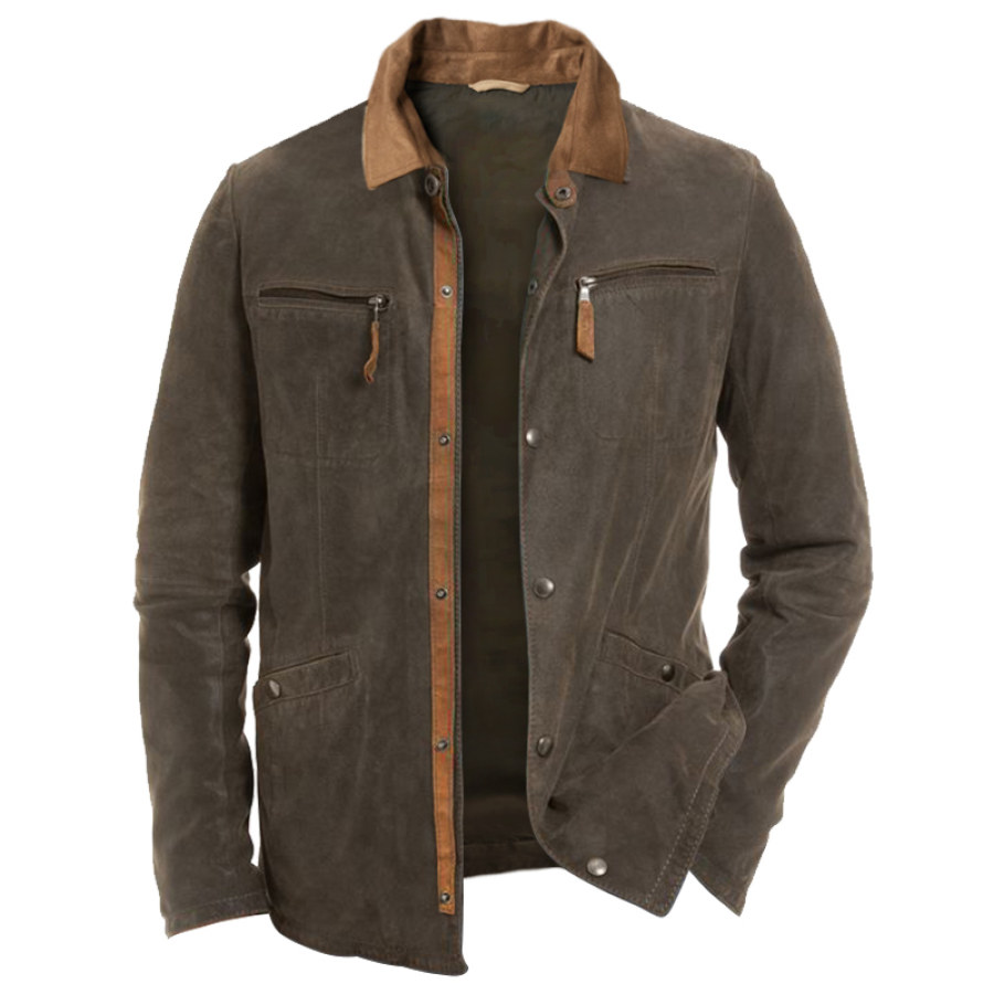 

Herren-Retro-Arbeitskleidung Reißverschlusstasche Farbblock-Hemdjacke Outdoor Mittellang Lässige Revers-Oberbekleidung
