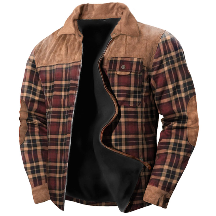 

Chemise à Carreaux Vintage Pour Hommes Veste Avec Patch Au Coude Poche Décontractée Bloc De Couleurs Revers Fermeture éclair Manches Longues Veste De Travail En Plein Air