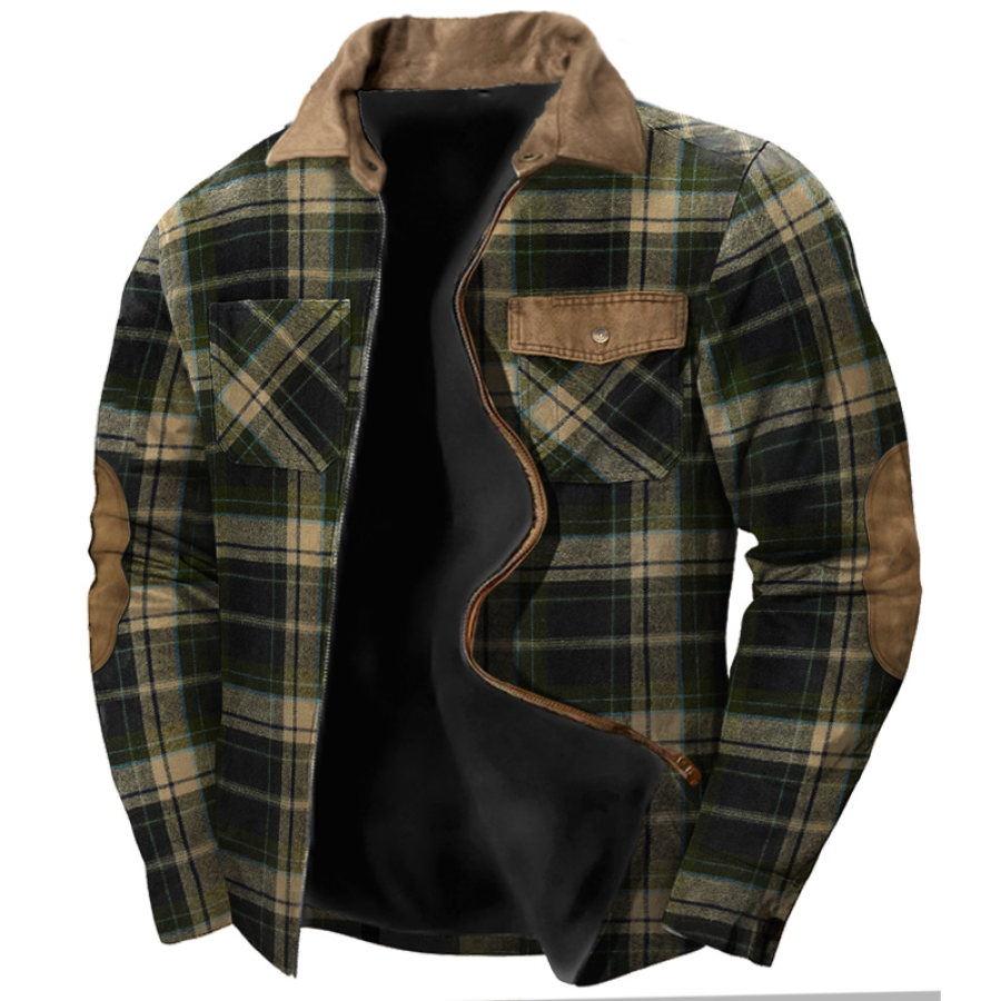 

Мужская винтажная рубашка в клетку куртка с нашивкой на локте повседневная куртка с карманами и цветными блоками на молнии с длинными рукавами уличная рабочая куртка