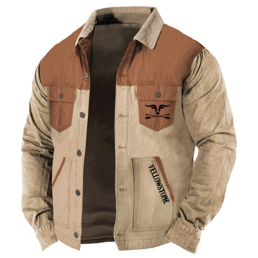 

Chaqueta De Hombre Vintage Yellowstone Western Cowboy Al Aire Libre Multibolsillos Color Bloque Solapa Abrigo