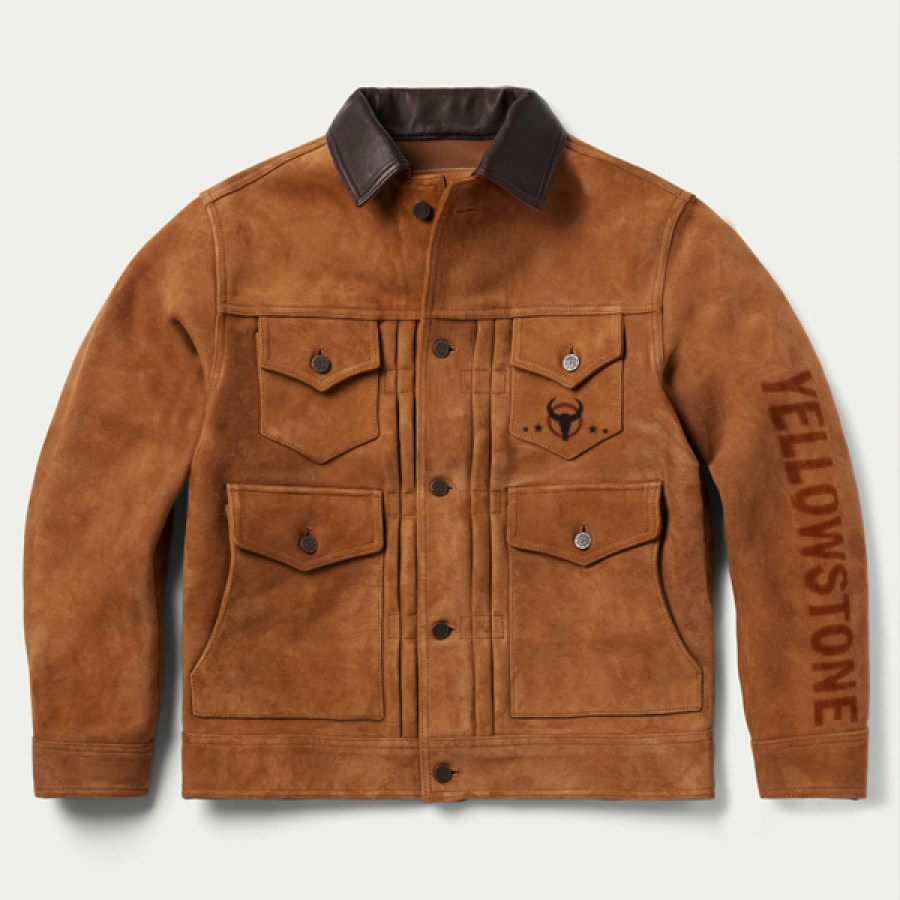 

Chaqueta De Ante De Camionero Con Estampado De Yellowstone Para Hombre Chaqueta De Diseño Original Con Solapa De Cuero Retro Color En Contraste