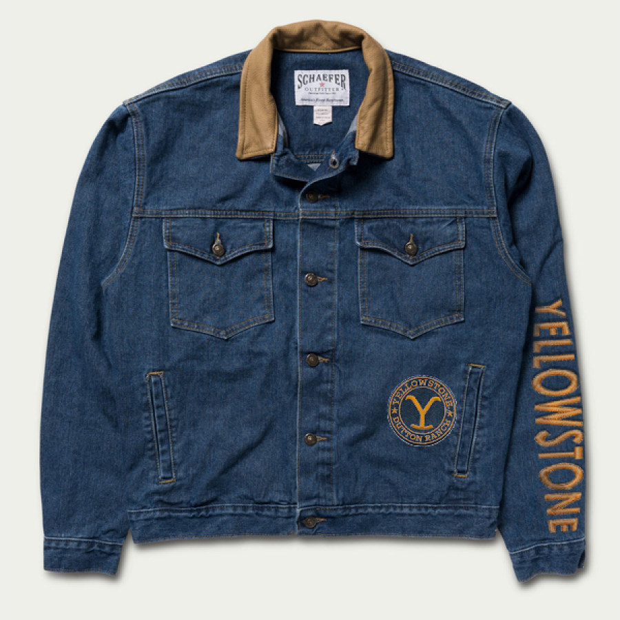 

Yellowstone Print Men's Denim Jacket Retro Outdoor Suede Lapel Contrast Color Original Design Regular Length Coats