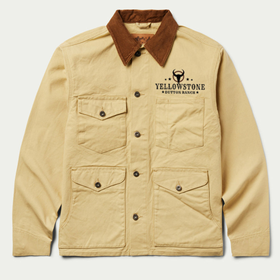 

Men's Cargo Work Jacket Retro Yellowstone Print Outdoor Corduroy Lapel Contrast Color Original Design Multiple Pockets Coats