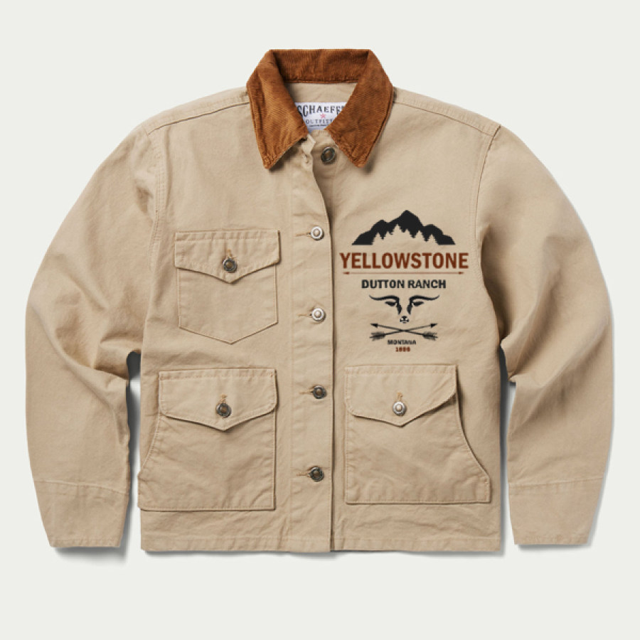 

Herren-Cargojacke Retro-Yellowstone-Druck Outdoor-Cord-Revers Kontrastfarbe Originelles Design Mittellange Mäntel