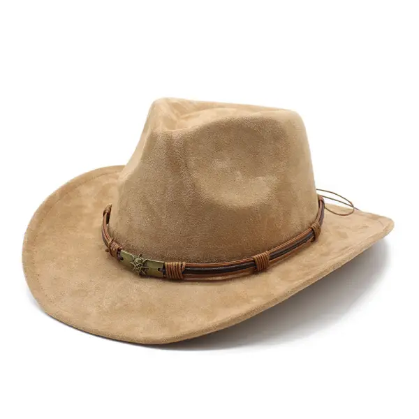 Men Women's Retro Yellowstone Suede Warped Western Cowboy Hat Rolled Brim Ethnic Style Felt Hat - Fineyoyo.com 