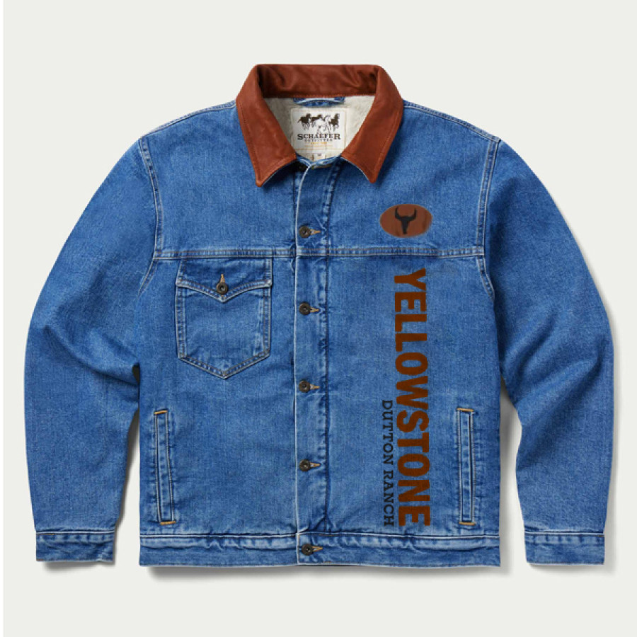 

Yellowstone Print Men's Denim Jacket Retro Outdoor Leather Lapel Contrast Color Original Design Regular Length Coats