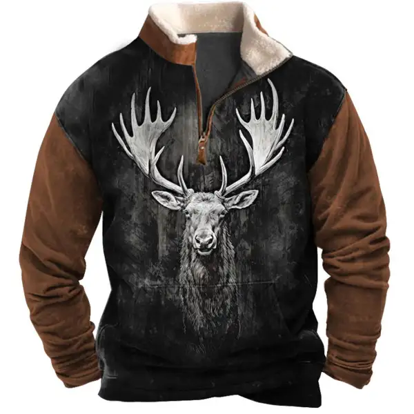 Men's Sweatshirt Quarter Zip Hunting Elk Print Plush Collar Vintage Daily Tops - Cotosen.com