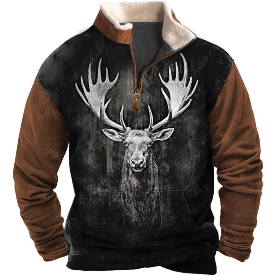 

Men's Sweatshirt Quarter Zip Hunting Elk Print Plush Collar Vintage Daily Tops