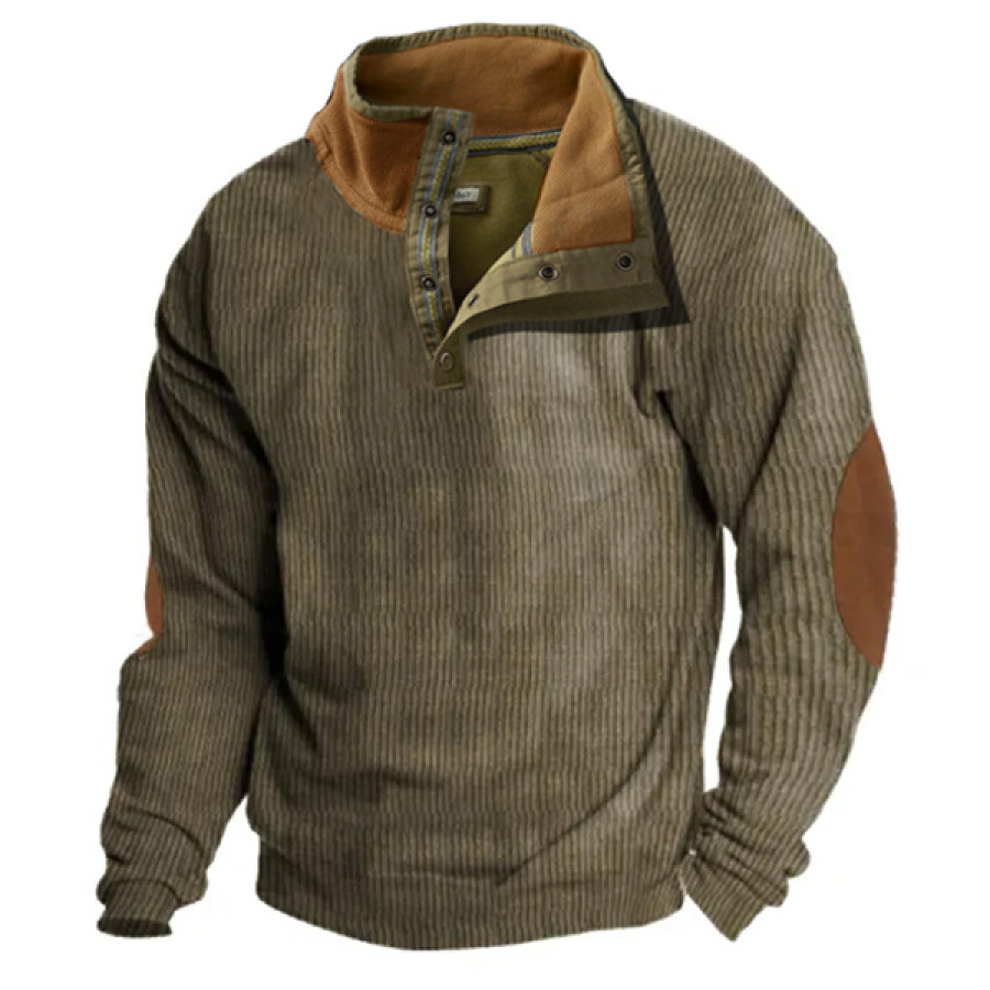 

Original Design Men's Henley Corduroy Sweatshirt Patchwork Color Block Casual Stand Collar Pullover