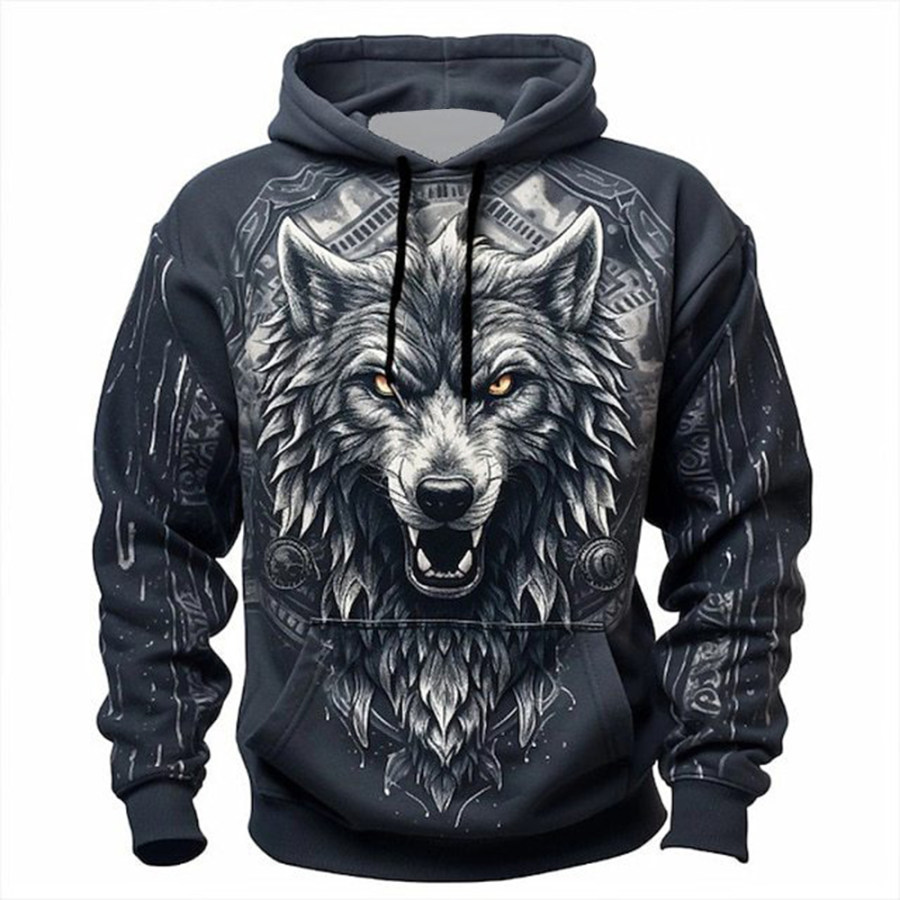 

Herren Outdoor-Sweatshirt Mit 3D-Wolf-Print Und Kapuzentasche