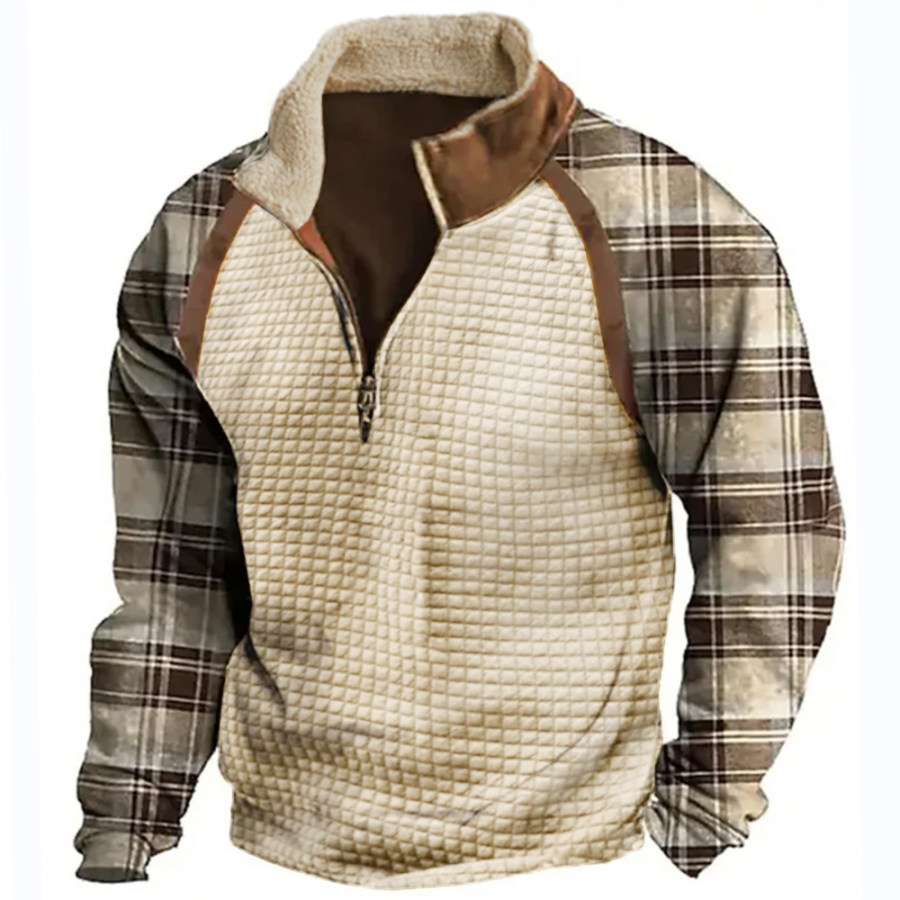 

Sudadera Con Solapa De Forro Polar Con Cremallera Y Estampado A Cuadros De Gofre Informal Para Hombre Al Aire Libre