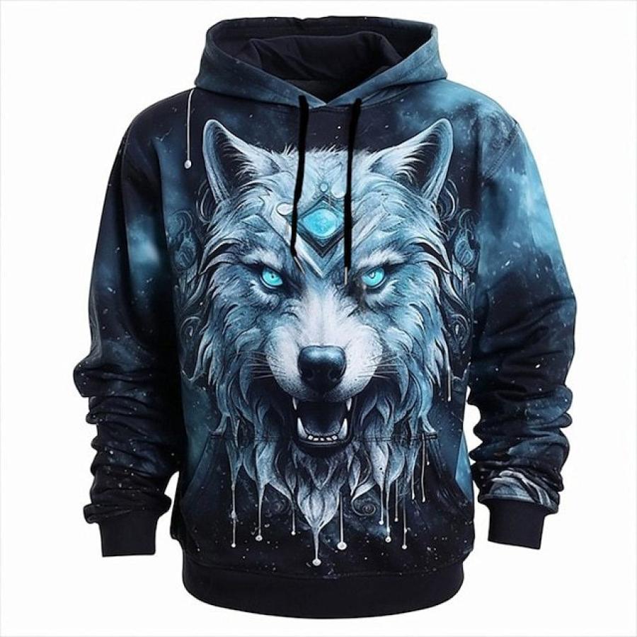 

Men's Outdoor 3D Wolf Print Hooded Pocket Sweatshirt